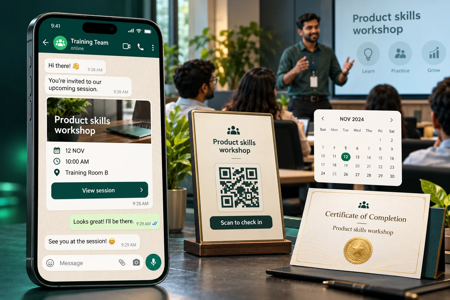 WhatsApp workshop invitation connected to event QR check-in, a trainer-led classroom and a completion certificate.