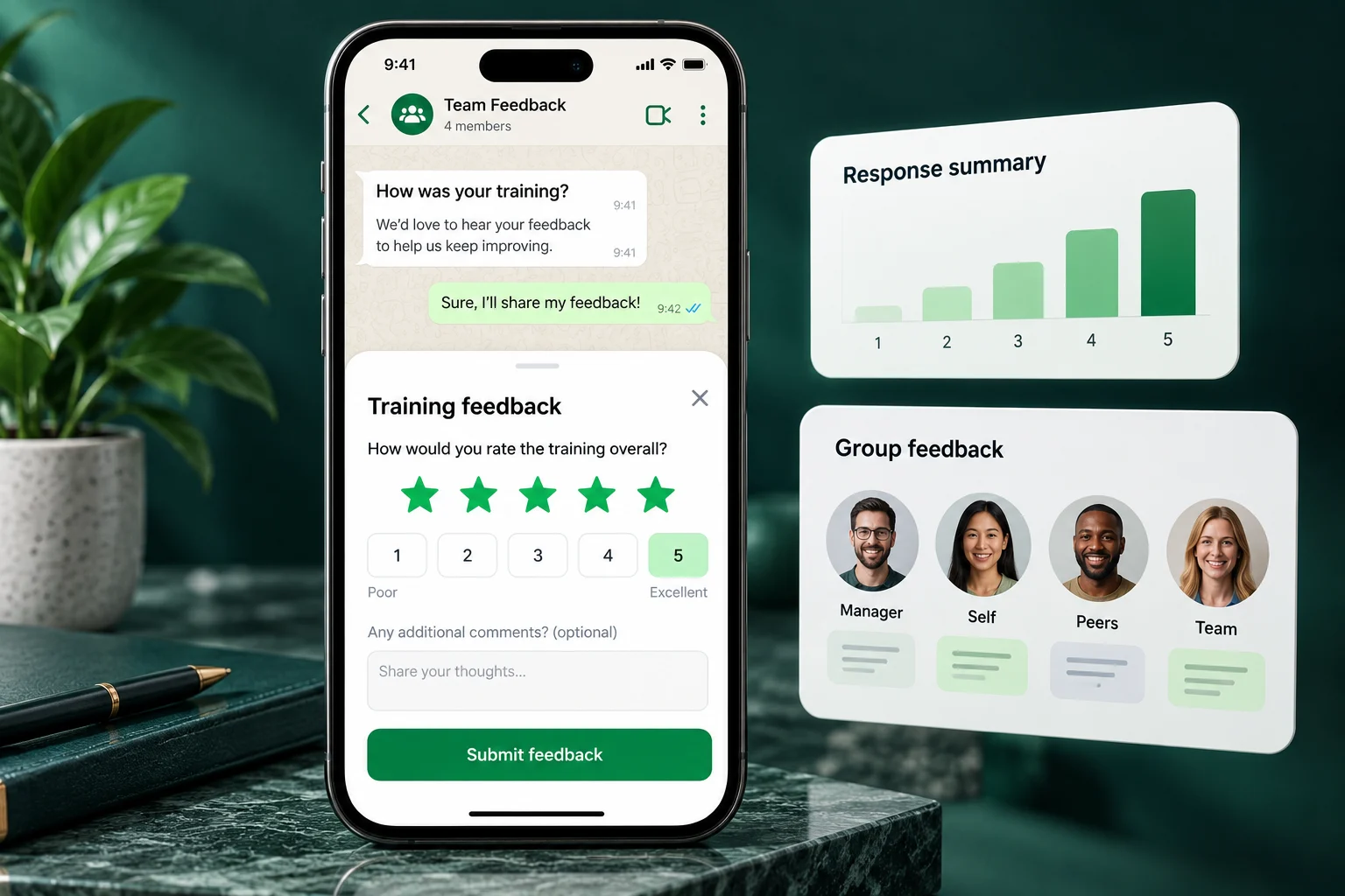 WhatsApp training feedback form with ratings and comments beside response analytics and reviewer groups.