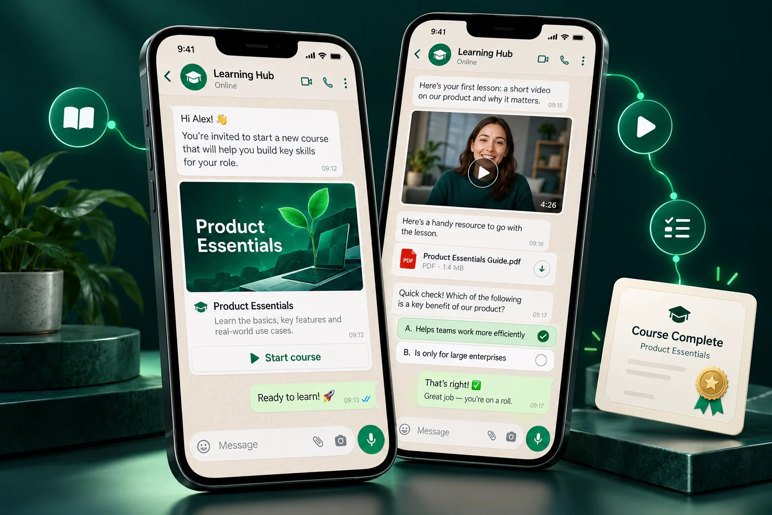 WhatsApp course and lesson conversations showing a video, PDF resource, knowledge check and certificate.