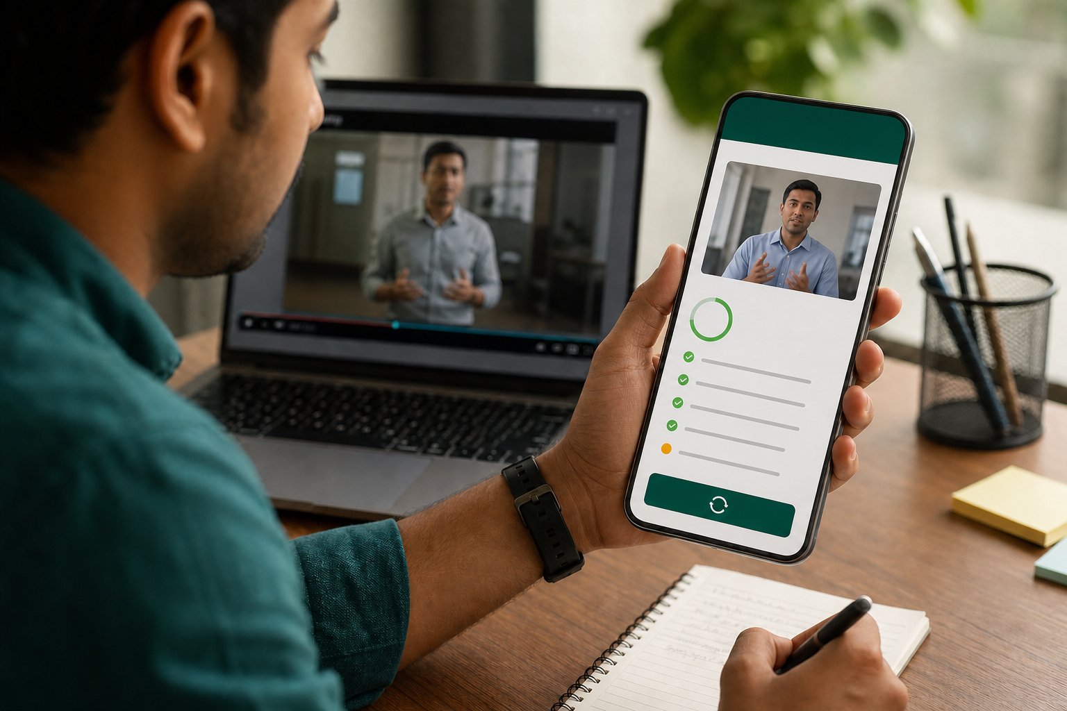 Employee reviewing personalized AI product-training video feedback, strengths and improvement guidance on a smartphone