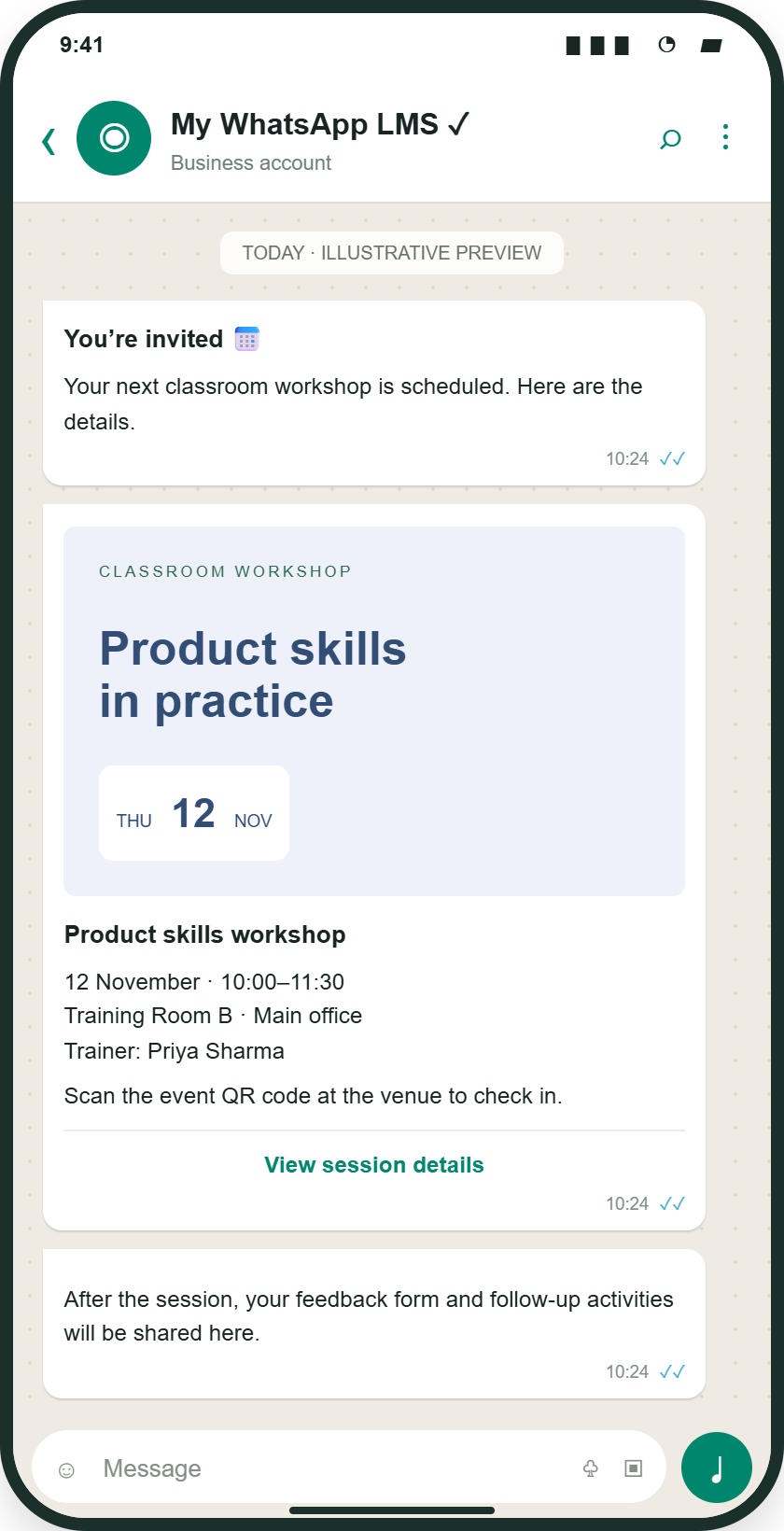 Illustrative WhatsApp classroom conversation: Receive workshop details, scan the event QR code at the venue and complete follow-up activities.