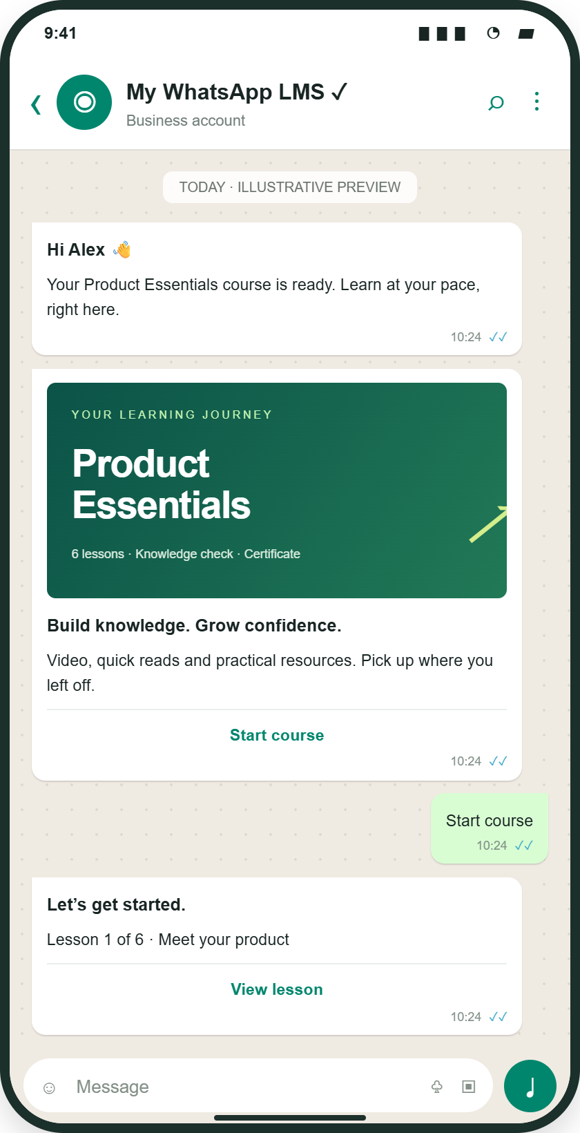Illustrative WhatsApp course conversation: Receive a course invitation, start lessons and continue the assigned learning journey from WhatsApp.