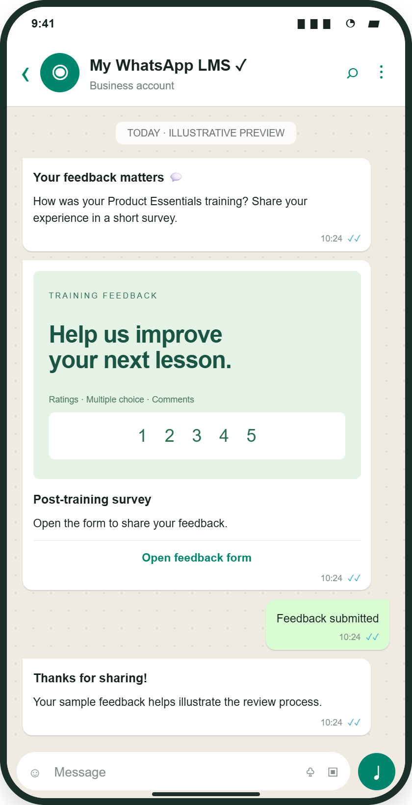 Illustrative WhatsApp survey conversation: Open a configured WhatsApp feedback form with ratings, choice questions and comments.